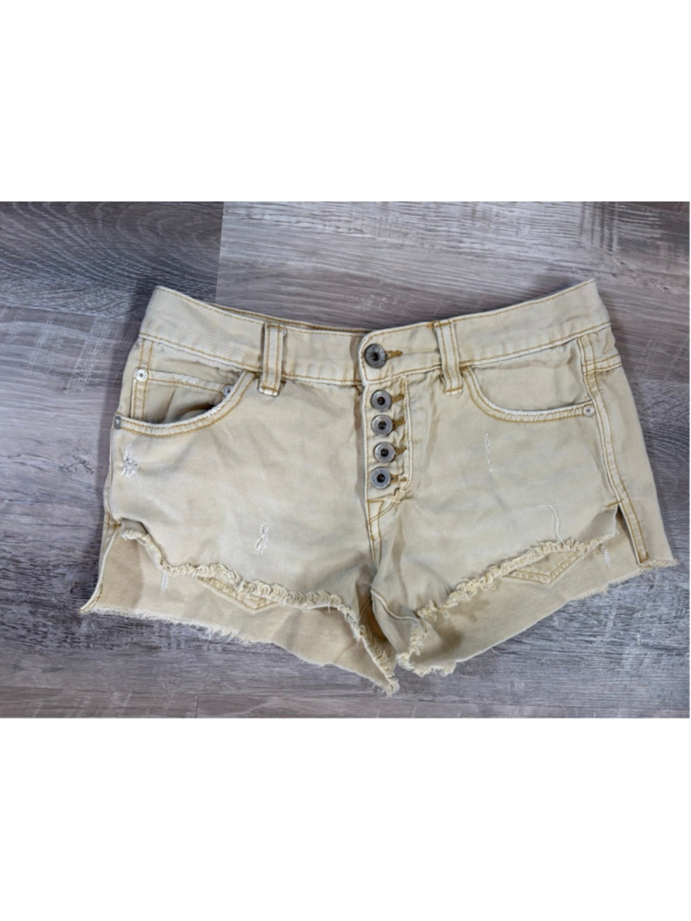 Free People Washed Light Mustard Distressed Cutoffs Button Fly Jean Shorts Sz 24